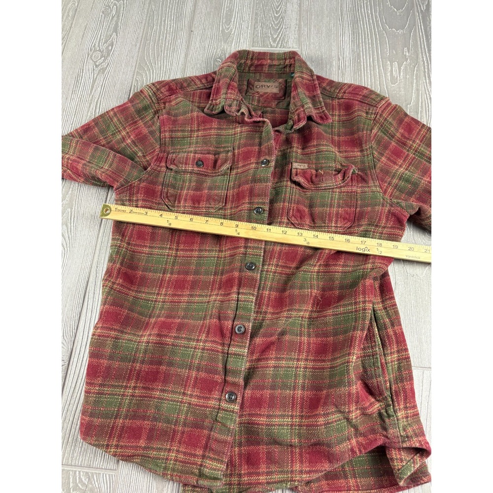 Orvis Mens Flannel Plaid Button Up Shirt Red Green Large Heavyweight Cotton - Picture 6 of 9